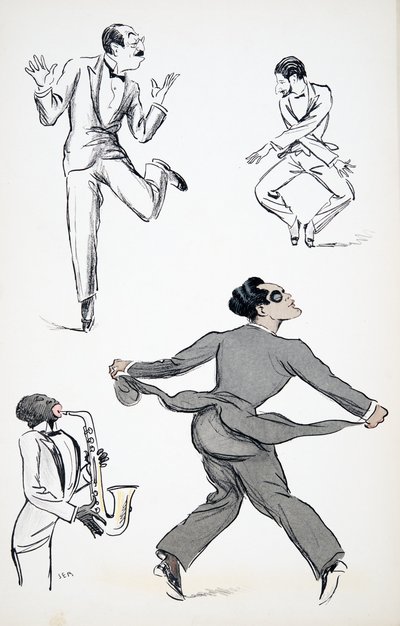 Three gentlemen in Black Tie perform moves from the Charleston to a saxophone, from White Bottoms, pub. 1927 by Sem
